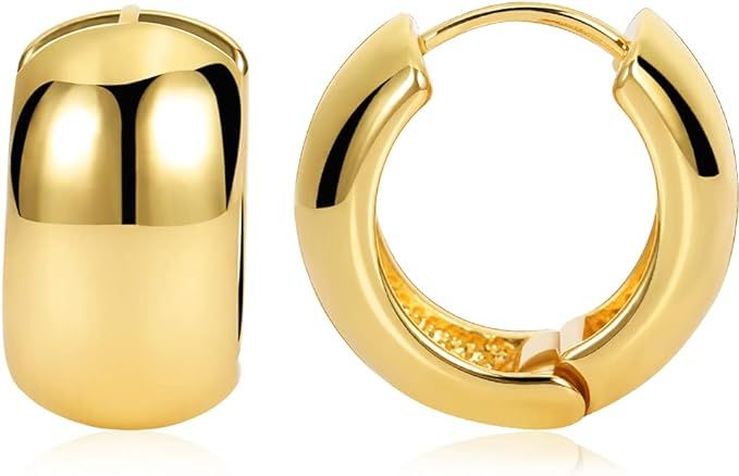 Amazon.com: FAMARINE Chunky Gold Hoop Earrings for Women 10MM Wide, 3/4 in Hoops Huggie Earrings ... | Amazon (US)