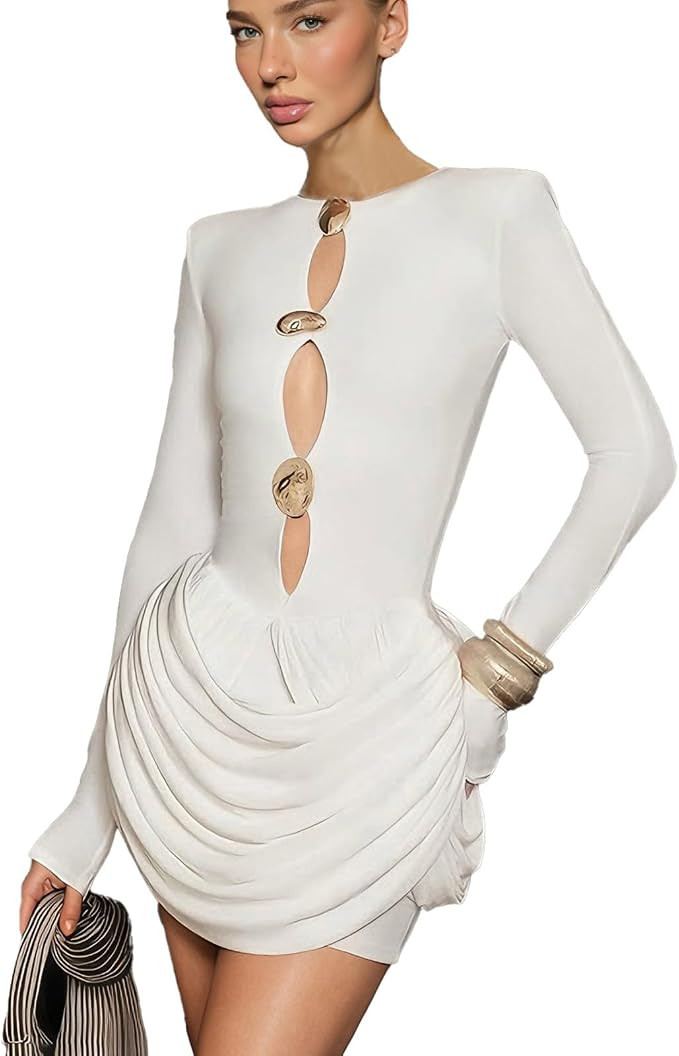 Women's Sexy Hollow Front Long Sleeve Ruched Bodycon Mini Dress Elegant Chic Wedding Party Club S... | Amazon (US)