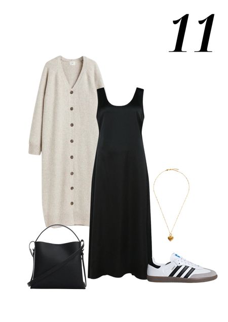 A casual slip dress look styled with a beige long cardigan, gold heart necklace, Adidas Samba Trainers and a black shopper tote bag

#LTKstyletip