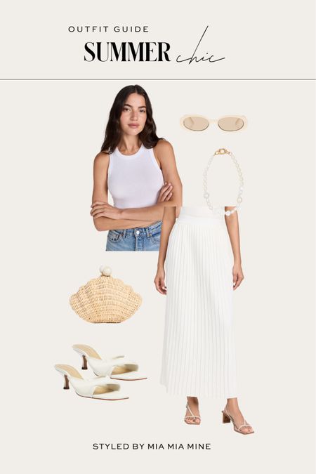 Summer vacation outfit 
Enza costa white tank
Poolside shell clutch
Line & dot knit skirt
Schutz white sandals 

#LTKTravel #LTKStyleTip #LTKFindsUnder100
