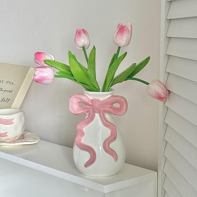 Pink Bow White Ceramic Vase, Cute Flower Vase for College Dorm Nursery Room, Coquette Girly Decor... | Amazon (US)