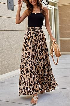Bluetime Women Leopard Print Long Skirts Chiffon Summer Beach Pleated Elastic High Waisted Maxi S... | Amazon (US)