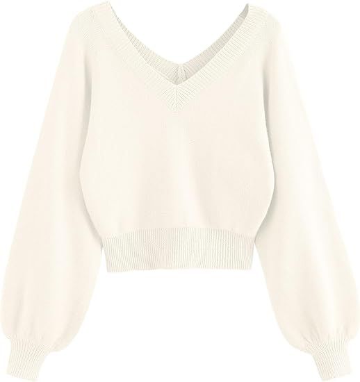 ZAFUL Women's Cropped Sweater V-Neck Long Sleeve Crop Sweater Pullover Jumper Knit Top | Amazon (US)