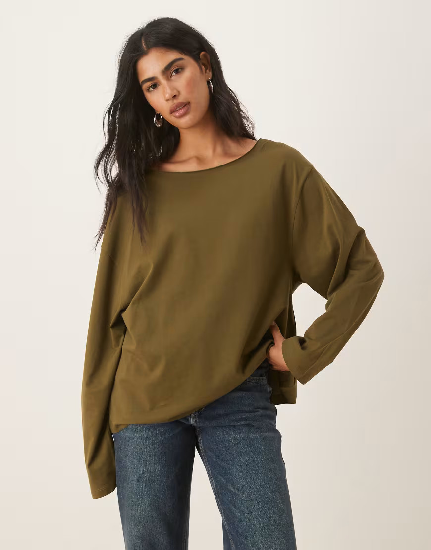 ASOS DESIGN off shoulder long sleeve tee in dark olive-Green | ASOS (Global)