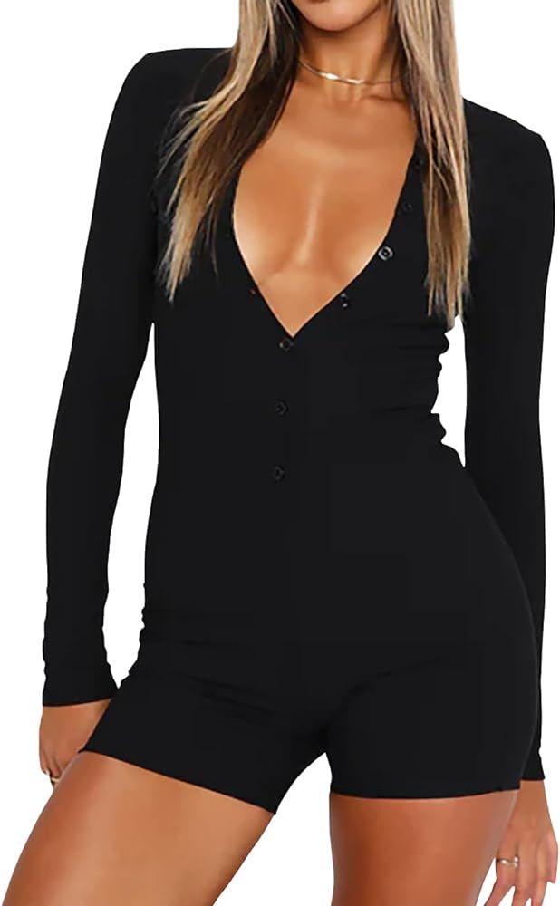 BONITEE Women's Sexy Long Sleeve Yoga Rompers V Neck Button Down Ribbed Bodycon Bodysuit Jumpsuit | Amazon (US)