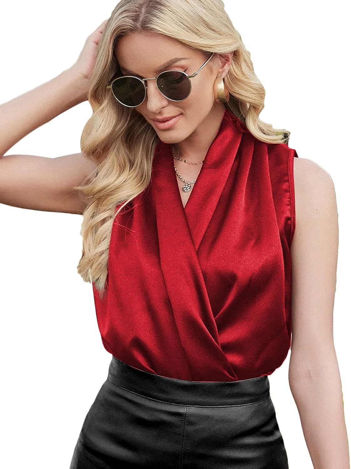 LYANER Women's Elegant Satin Wrap V Neck Sleeveless Tank Blouse Tee Top | Amazon (US)