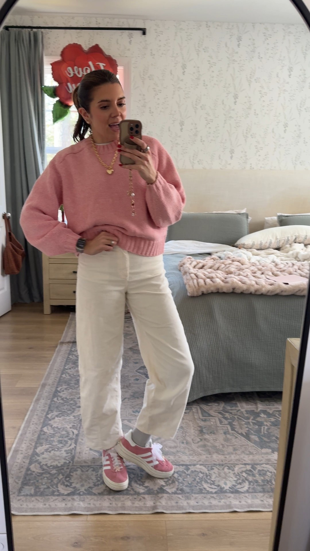 Happy Valentine’s Day outfit of the day! XS in the pink sweater from
Gap! Size 2 tall in corduroy barrel leg pants! Pink adidas 

#LTKOver40 #LTKSaleAlert #LTKootd