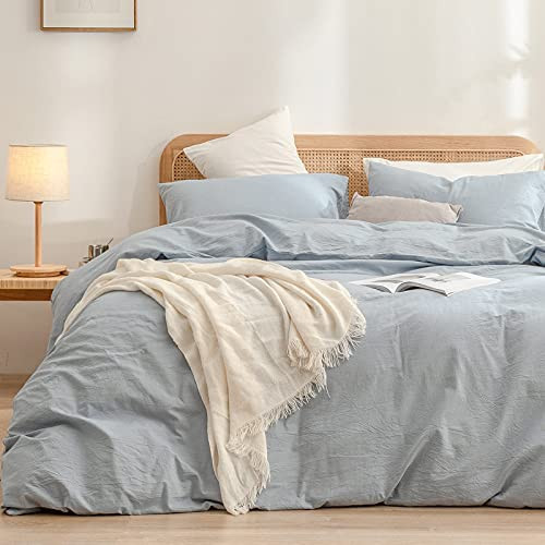 BESTOUCH Duvet Cover Set 100% Washed Cotton Linen Feel Super Soft Comfortable Chic Lightweight 3 PCs Home Bedding Set Cornflower Blue King | Amazon (US)