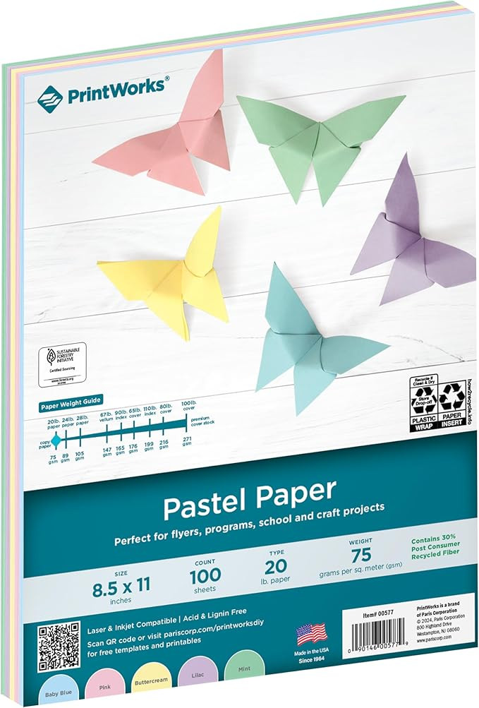 Printworks Pastel Paper, 20 lb, 5 Assorted Pastel Colors, 30% Recycled Color Printer Paper, SFI C... | Amazon (US)