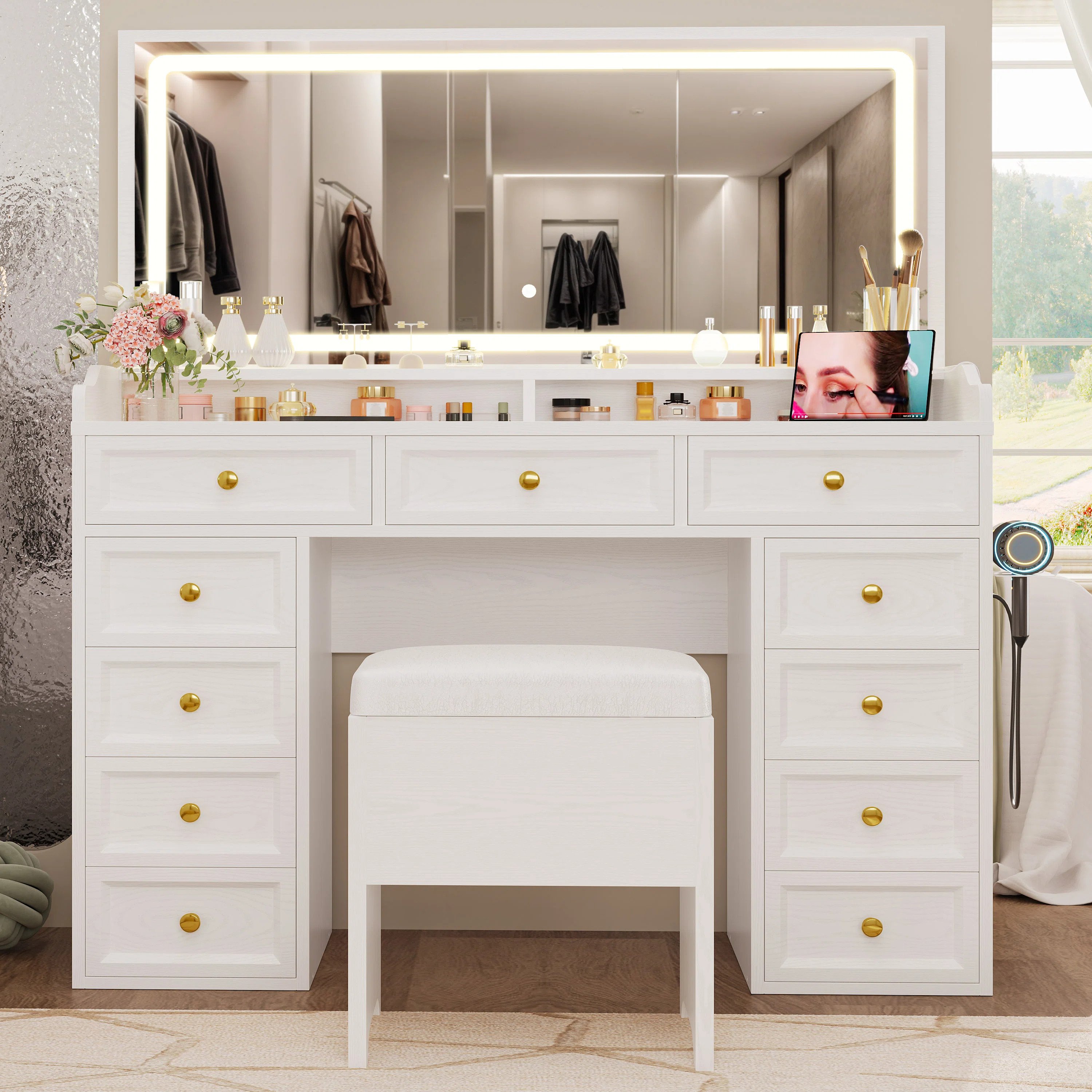 Vanity Desk with 11 Drawers and Large Led Lighted Mirror, 47" Large Makeup Vanity Table with A Power Outlet, Storage Stool, Vanity Set for Bedroom, White | Wayfair North America