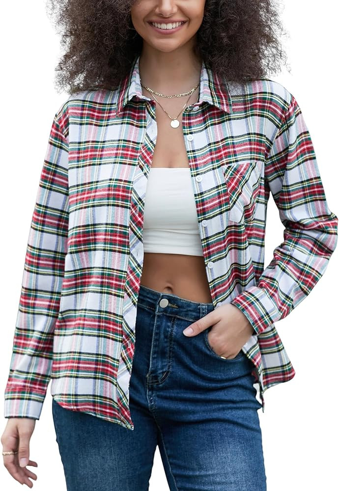 SANGTREE Womens and Girls Long Sleeve Casual Button Down Plaid Shirts, 3 Months - Adult 2XL | Amazon (US)