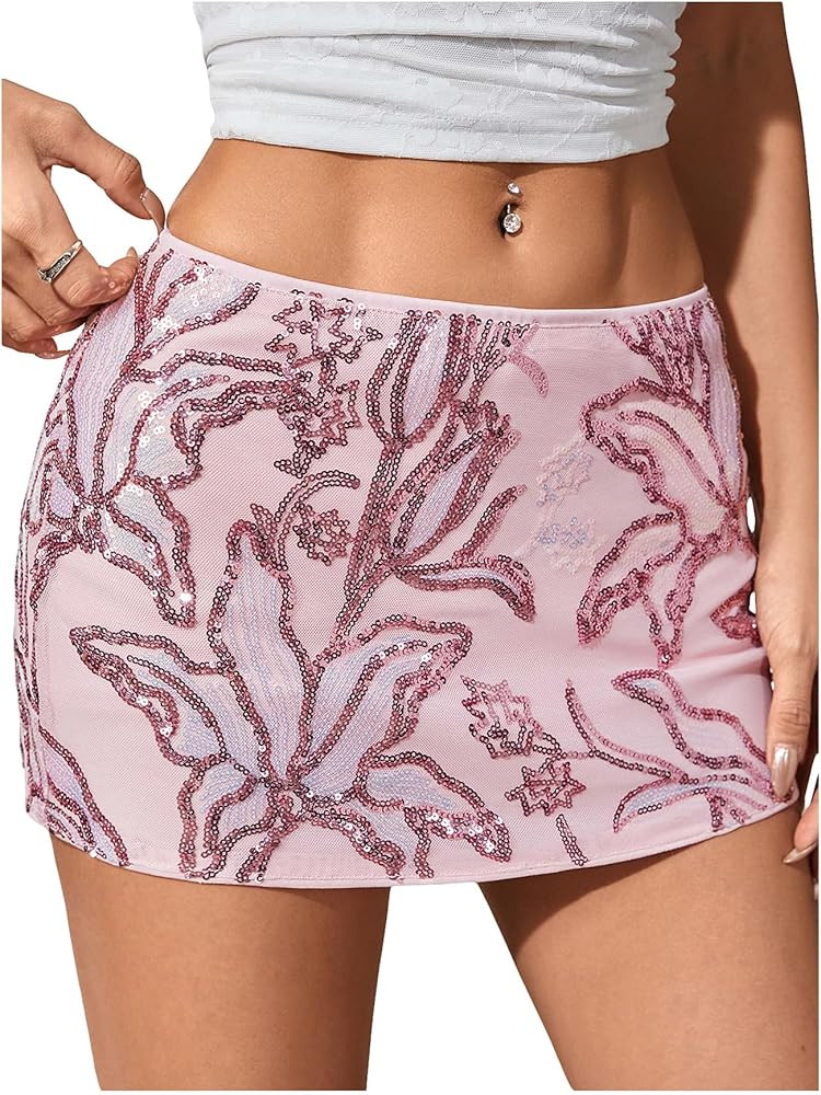 MAKEMECHIC Women's Floral Sequin Sparkly Mini Skirt Low Waist Bodycon Party Short Skirts | Amazon (US)
