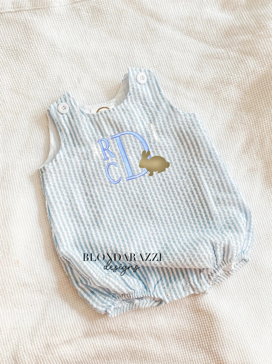 Baby Boys Light Blue Easter Seersucker Bubble Romper With Stacked Monogram Initials Embroidered W... | Etsy (US)
