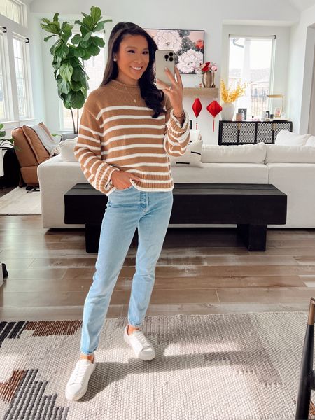 Spring striped sweater paired with Agolde crop jeans perfect for petite ladies! Wearing size XXS in the sweater, which would be great for workwear, too. Styling with my favorite white leather sneakers  

#LTKshoecrush #LTKstyletip