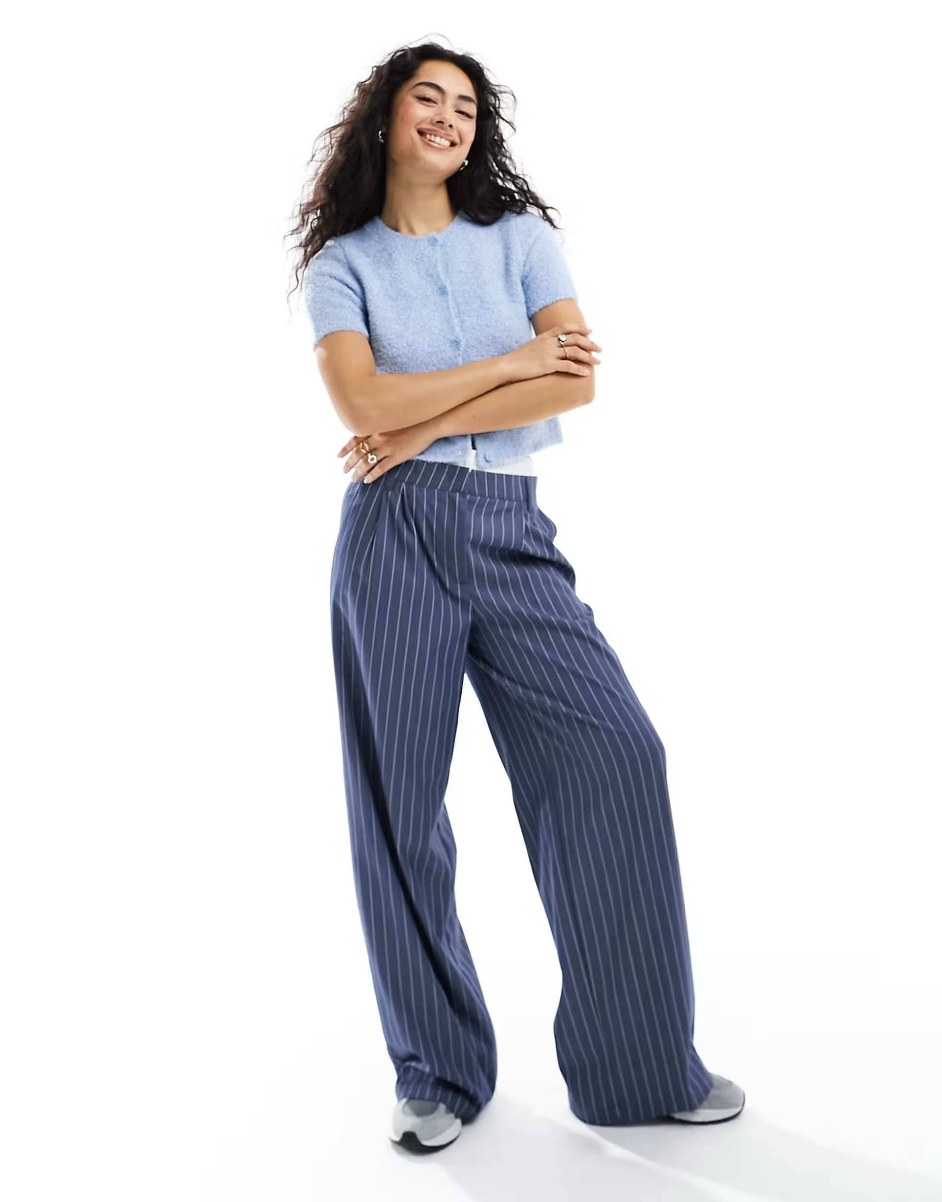 ASOS DESIGN knit button front short sleeve cardigan in fluffy yarn in blue | ASOS | ASOS (Global)