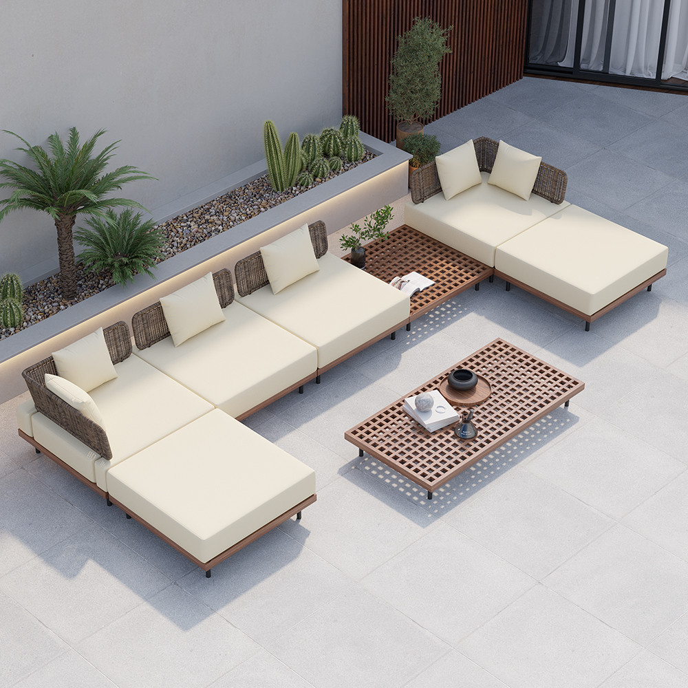 8PCS Modular Outdoor Sectional Sofa Set Mordern Yard & Patio Furniture for 6 Person in Beige Cushion & Pillow Included | Homary