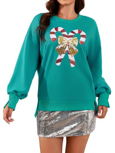 EHSUYAB Christmas Sweatshirt Women, Sequin Bow Candy Cane Ugly Xmas Sweater,Ribbed Crewneck Long Sleeve Sparkly Christmas Top XX-Large Green | Amazon (US)