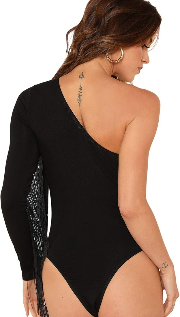 Verdusa Women's Fringe Trim One Shoulder Long Sleeve Bodysuit Top | Amazon (US)