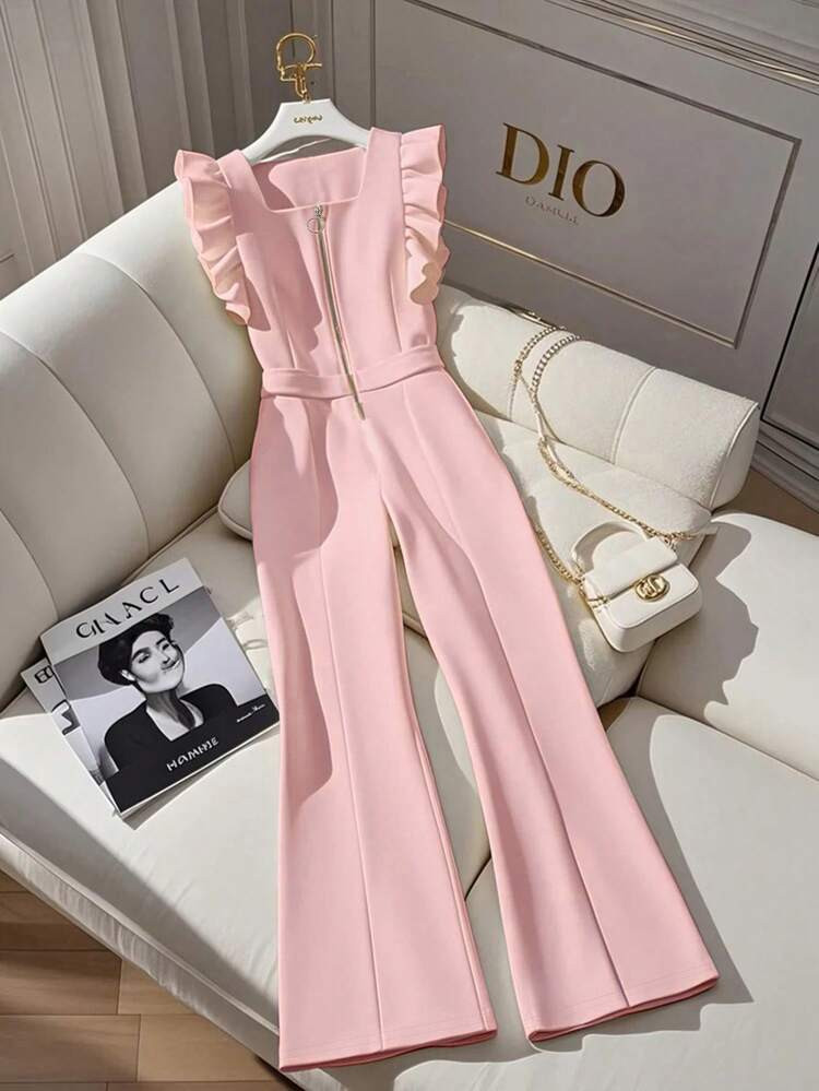 SHEIN Clasi Women's Summer Casual Plain Square Neck Ruffle Armhole Zipper Front Jumpsuit | SHEIN