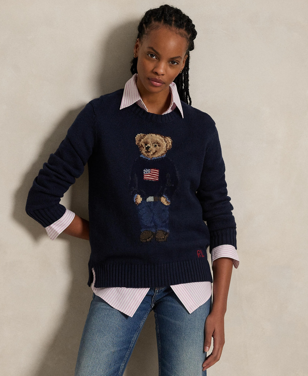 Polo Ralph Lauren Women's Polo Bear Linen-Cotton Crewneck Sweater - Navy Multi | Macy's