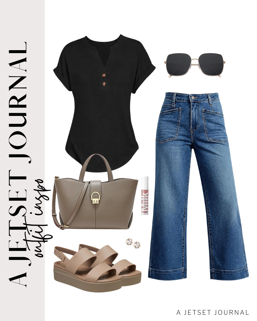 For our last outfit, pair a black short-sleeve top with wide-leg jeans from Cicy Bell. Add your Crocs low-wedge sandals and this stylish top-handle bag. Wear your stud earrings set and oversized SOJOS sunnies to complete the look.

#LTKSeasonal #LTKSaleAlert #LTKTravel
 

 