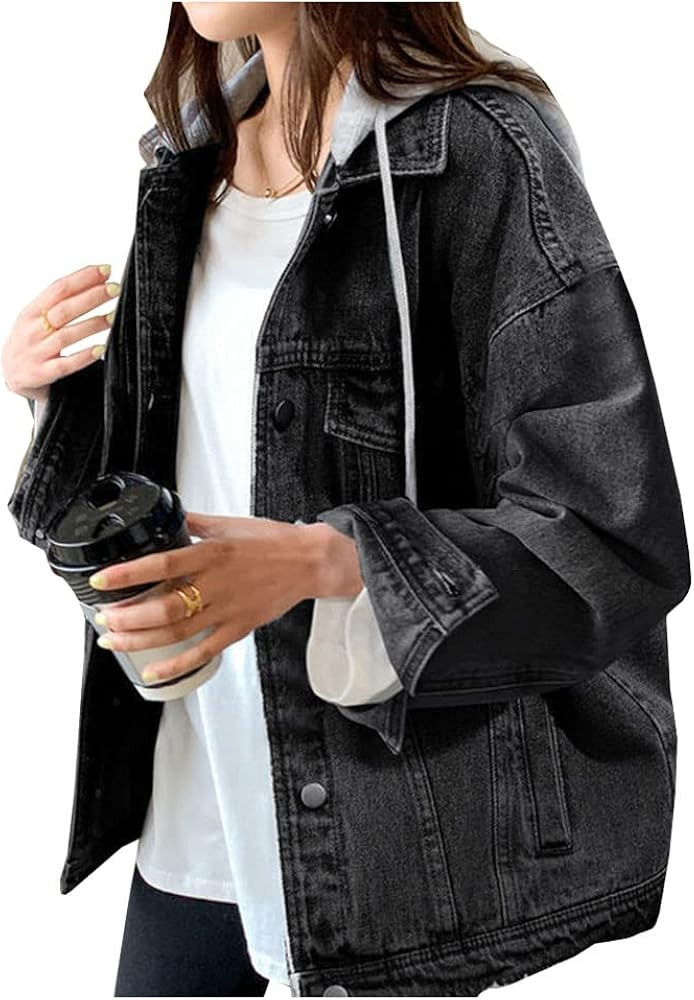LifeShe Women's denim jacket with hood oversized distressed jean jackets hoodie | Amazon (US)