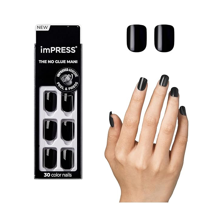 KISS imPRESS No Glue Mani Press On Nails, , 'All Black', Black, Short Size, Squoval Shape, Includ... | Amazon (US)