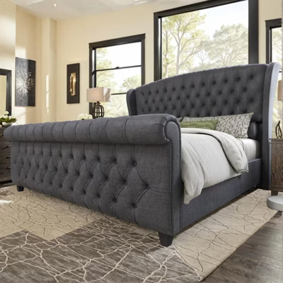 AMERLIFE Queen Size Bed Frame, Chenille Upholstered Sleigh Bed with Scroll Wingback Headboard & Footboard/Button Tufted/No Box Spring Required, Grey | Target
