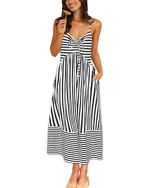 Fashionme Womens Summer Maxi Dresses 2026 Trendy Striped Vacation Boho Beach Spaghetti Strap Sund... | Amazon (US)