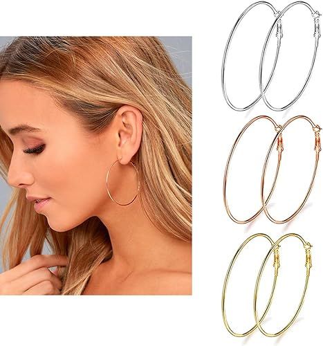 3 Pairs Big Hoop Earrings, Stainless Steel Hoop Earrings in Gold Plated Rose Gold Plated Silver f... | Amazon (US)