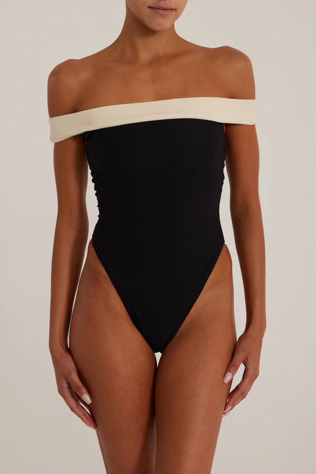 Off Shoulder One Piece (Faux Suede Black/Cream) | SAME