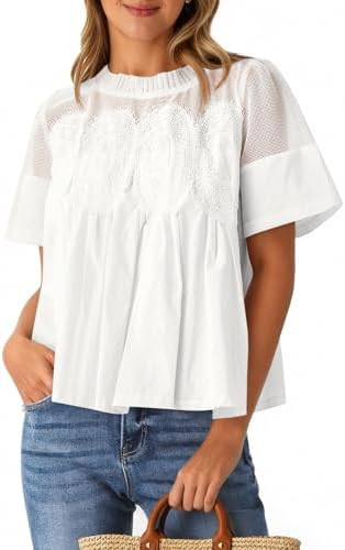 Cicy Bell Womens Babydoll Lace Blouses Short Sleeve Ruffle Crew Neck Peplum Tops Dressy Casual Lo... | Amazon (US)