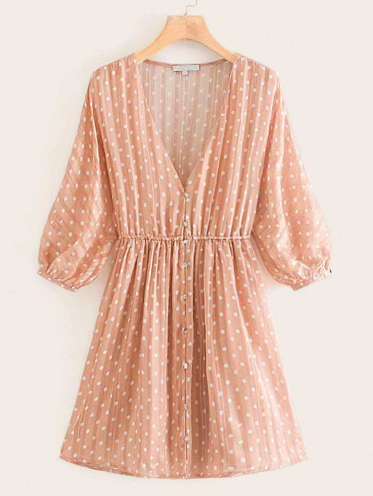 Abito camicia a pois con bottone | SHEIN