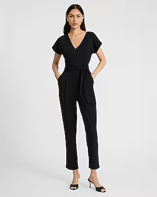 V-neck Tie Waist Straight Leg Jumpsuit | Express