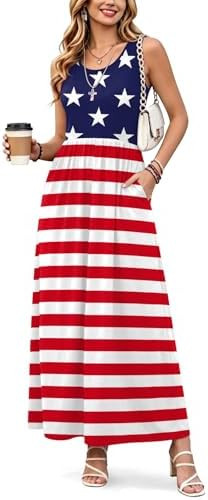 For G and PL Womens 4th of July Maxi Dress American Flag Sleeveless Long Dress with Pockets | Amazon (US)