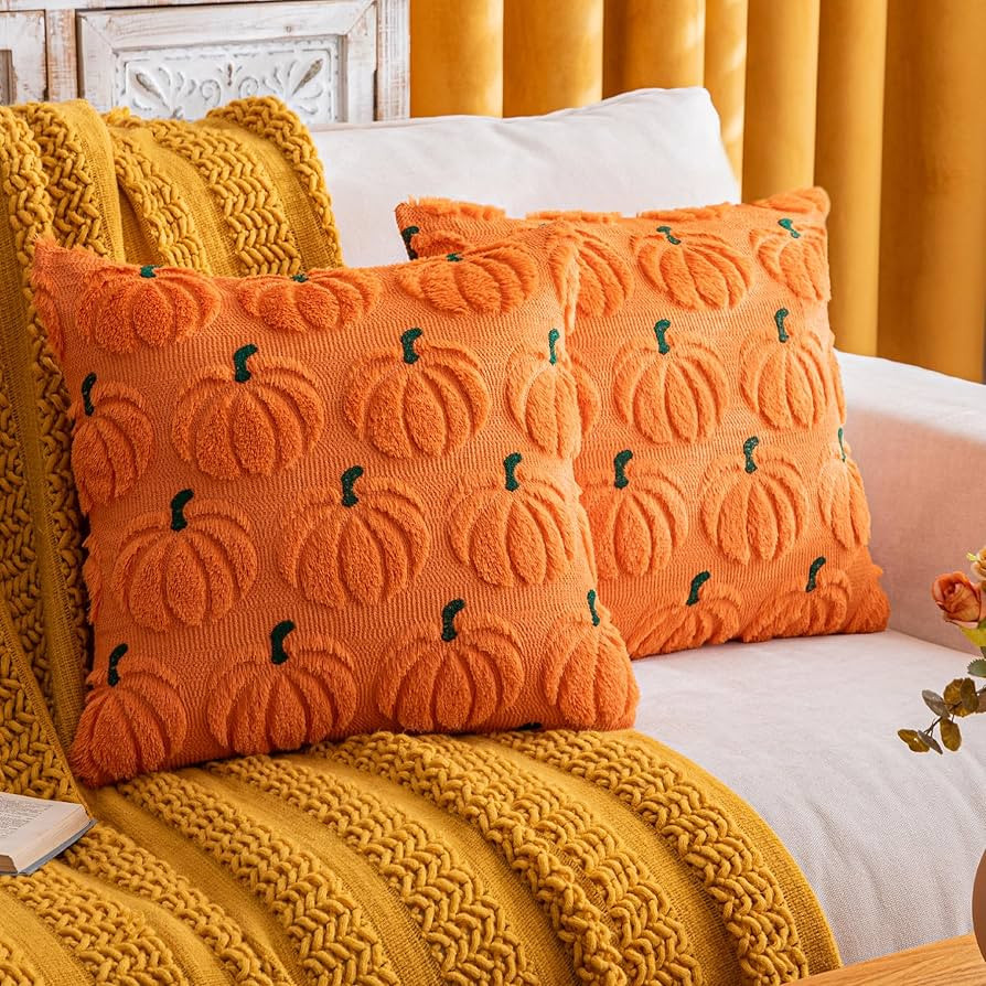 Pumpkin Fall Decorative Throw Pillow Covers 18"x18", Set of 2 Orange Green Soft Faux Fur Pillow C... | Amazon (US)