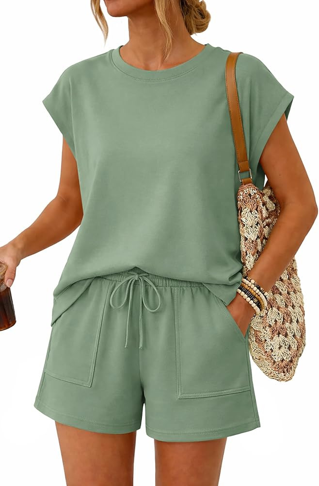 ATHMILE Womens Two Piece Crew Neck Short Sets Cap Sleeve Drawstring Spring Summer Sweatsuit with ... | Amazon (US)