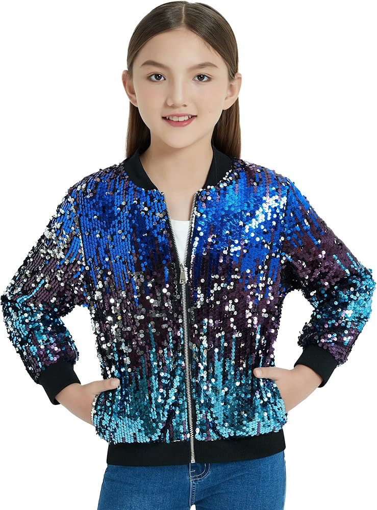 EXARUS Girls Sequin Bomber Jacket with Pockets Sparkle Lightweight Zipper Long Sleeve Jackets for... | Amazon (US)