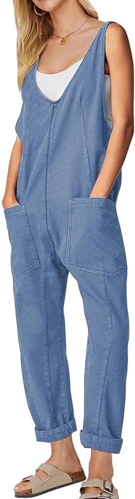 EXLURA Womens High Roller Denim Bib Jumpsuits Casual Loose Sleeveless Baggy Overalls Jeans Pants ... | Amazon (US)