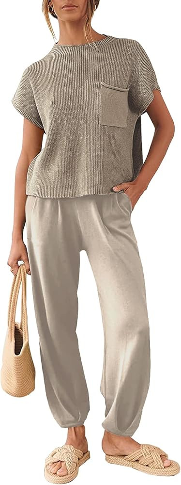 CHERFLY Women's 2 Piece Outfits 2024 Summer Knit Pullover Tops High Waisted Pants Matching Lounge... | Amazon (US)