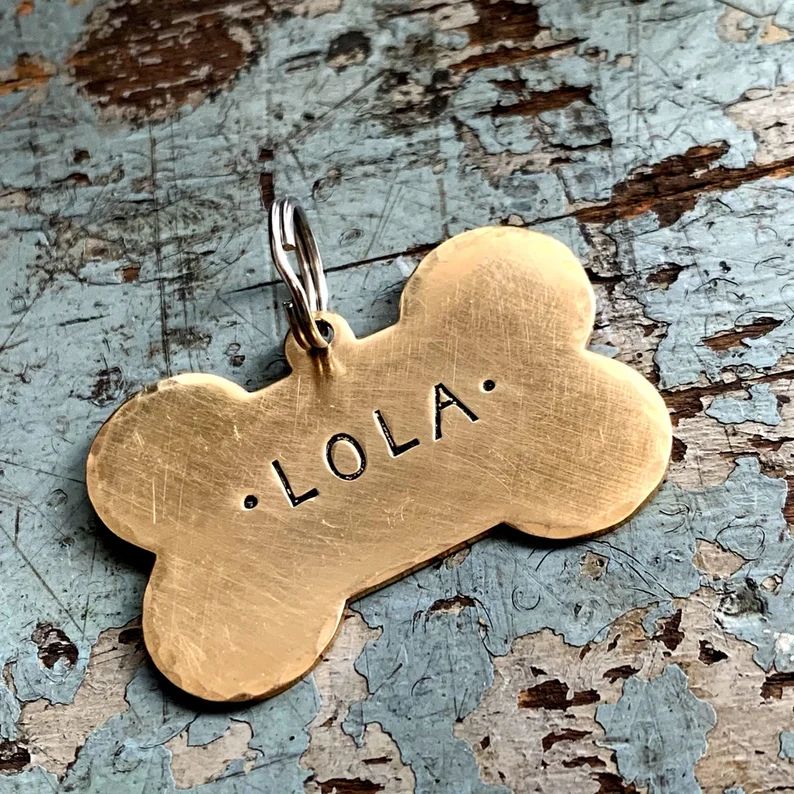 Bone Shaped Dog Tag, Large Brass Dog Tag, Personalized Custom Handstamped ID Tags for Pets, Brass... | Etsy (US)