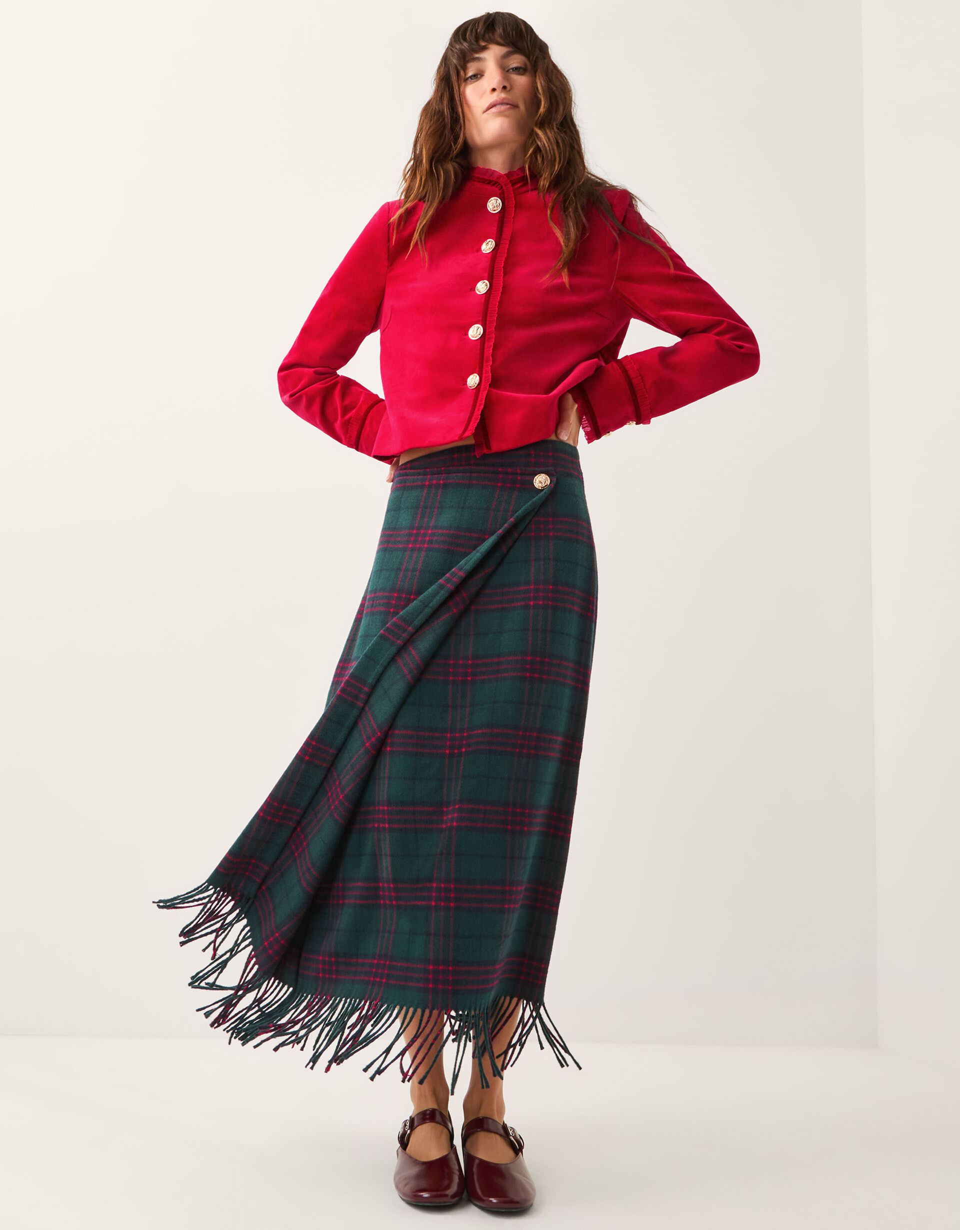 Monsoon x Sarah Corbett-Winder Tartan Fringe Midi Skirt Teal | Monsoon (UK)