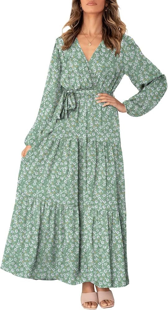 MITILLY Women's Boho Leopard Print Ruffle Long Sleeve V Neck Casual Flowy Party Maxi Dress | Amazon (US)