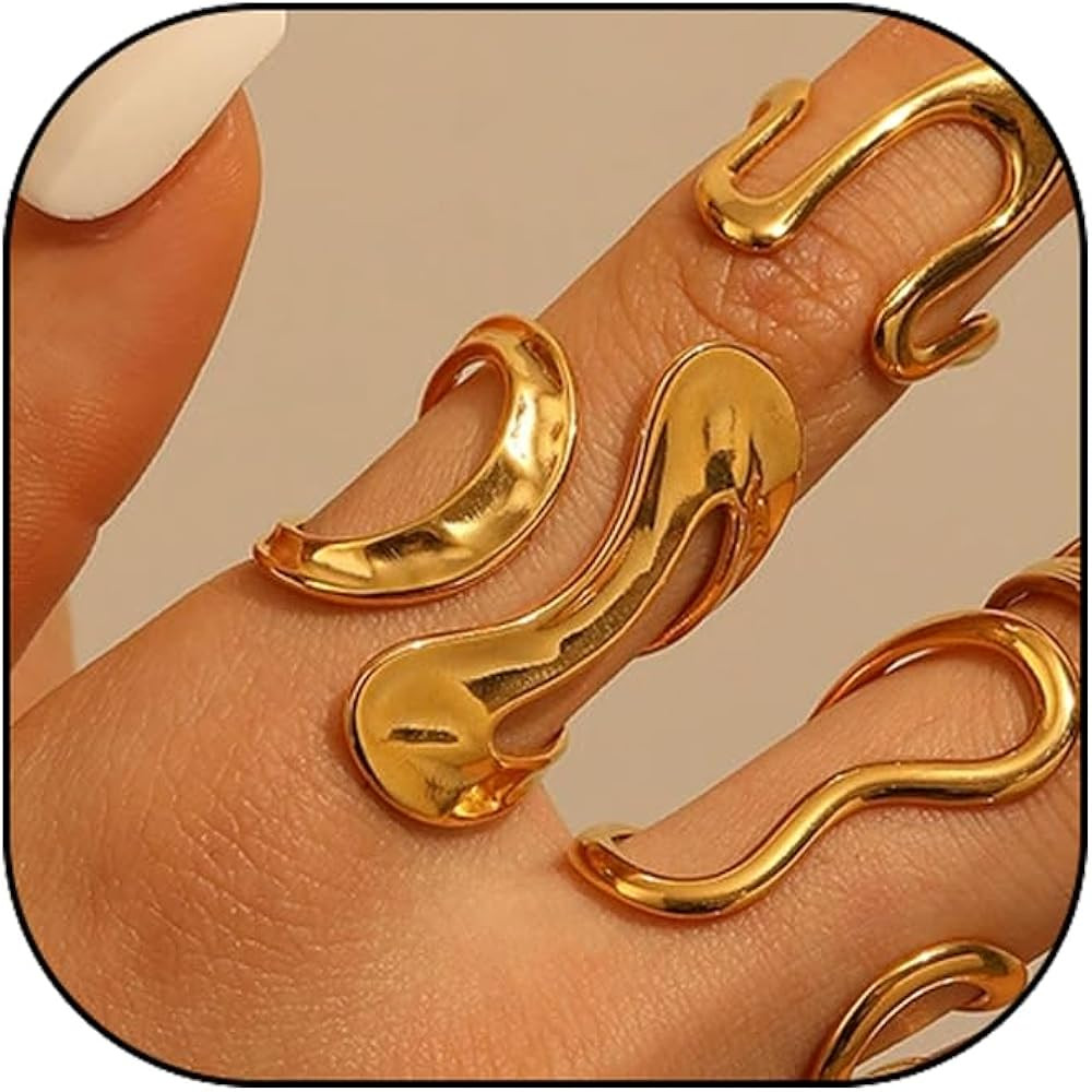 Chunky Rings For Women, Gold Silver Thumb Ring Asymmetrical Wavy Curve Ring Adjustable Non Tarnis... | Amazon (US)