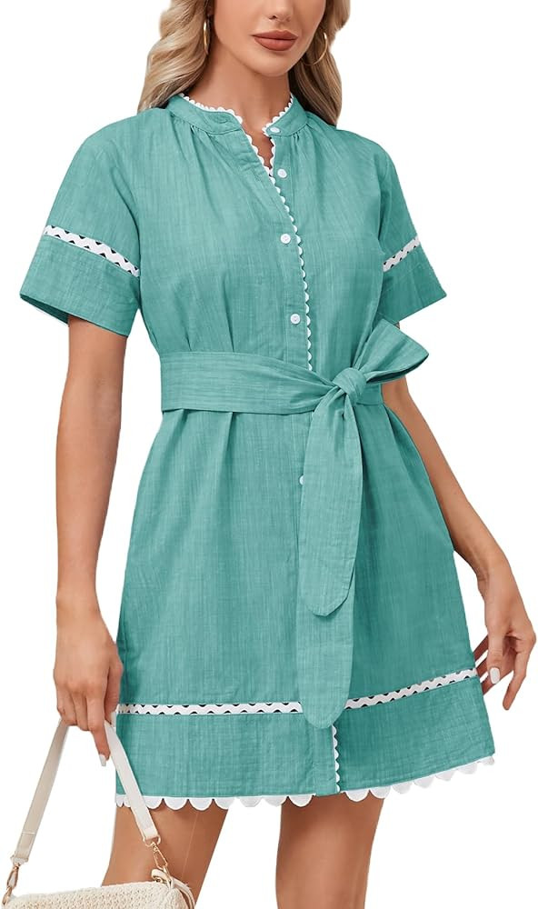 Women's Short Sleeve Summer Shirt Dress Button Down Belted Tunic Mini Dresses RIC Rac Trim Sundre... | Amazon (US)