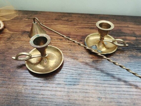 Vintage brass small loophole candlestick holders and brass snuffer | Etsy (US)