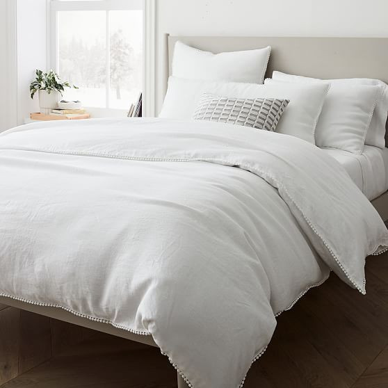 European Flax Linen Pom Pom Twin Duvet, White | West Elm (US)