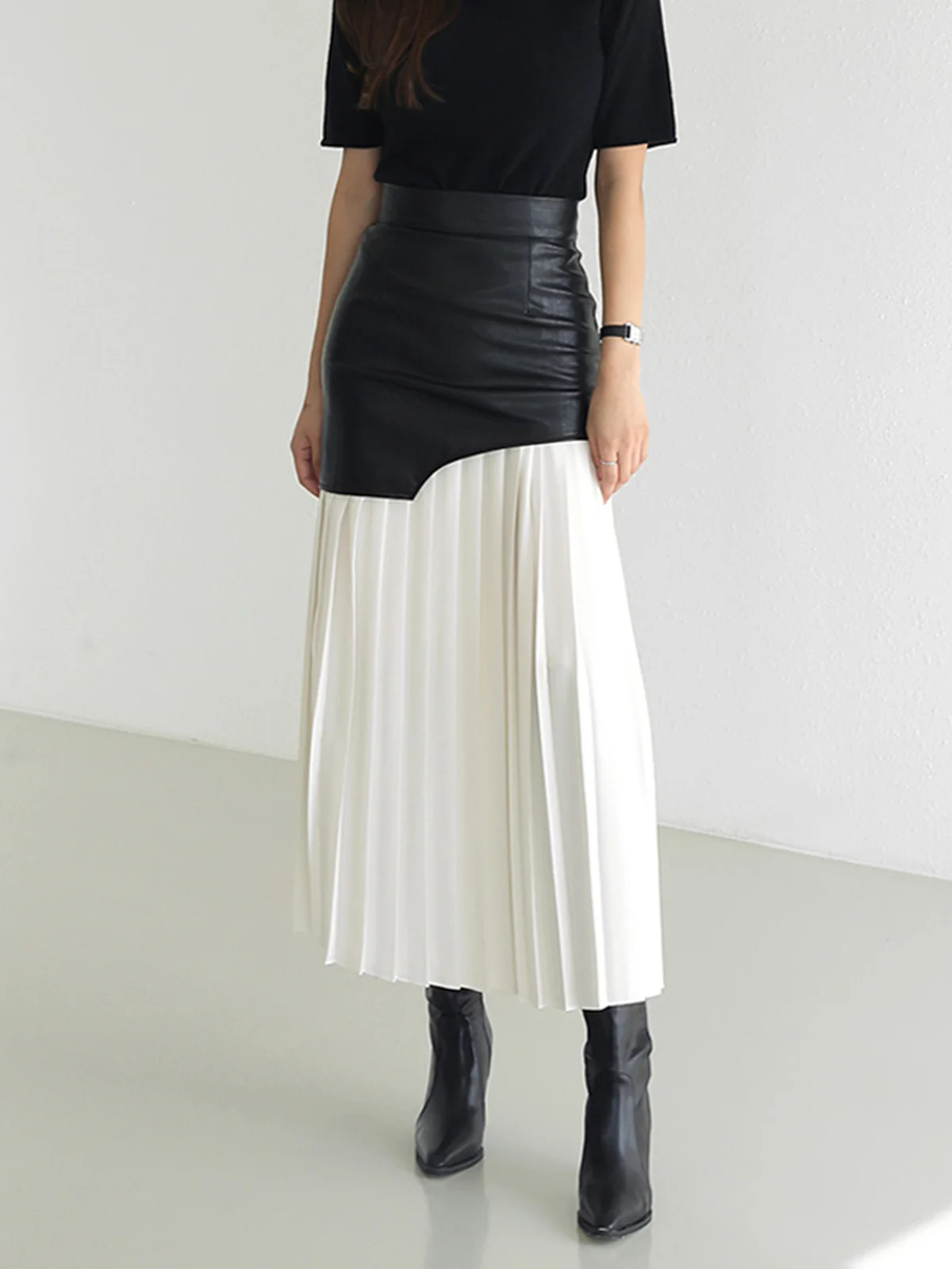 Asymmetric Patchwork Faux Leather Chiffon Pleated Maxi Skirt | Commense