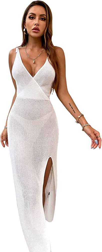 MakeMeChic Women's Wrap Knitted Cover Up Sleeveless Deep V Neck Split Beach Dress | Amazon (US)