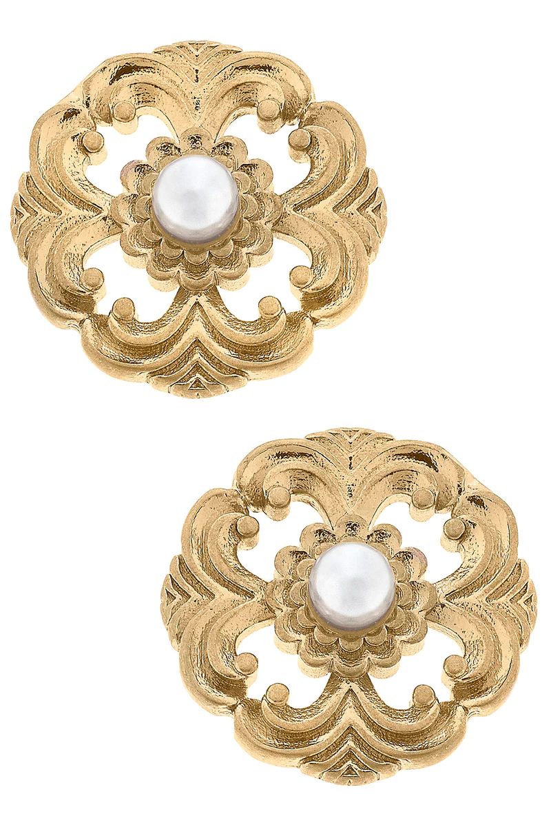Marguerite Acanthus & Pearl Stud Earrings in Worn Gold | CANVAS